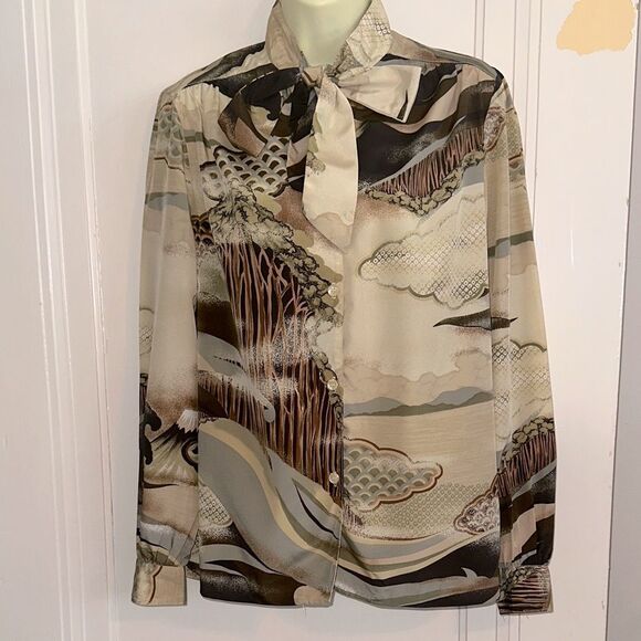 Vintage 70s Asian Inspired Stylized Cream, Tan & Brown Blouse that Ties at Neck - Picture 1 of 7